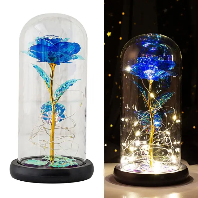 Τριαντάφυλλο σε γυάλα με led λαμπάκια - Forever rose of love - Crystal blue- 22 x 9 x 11cm ΜΠΛΕ