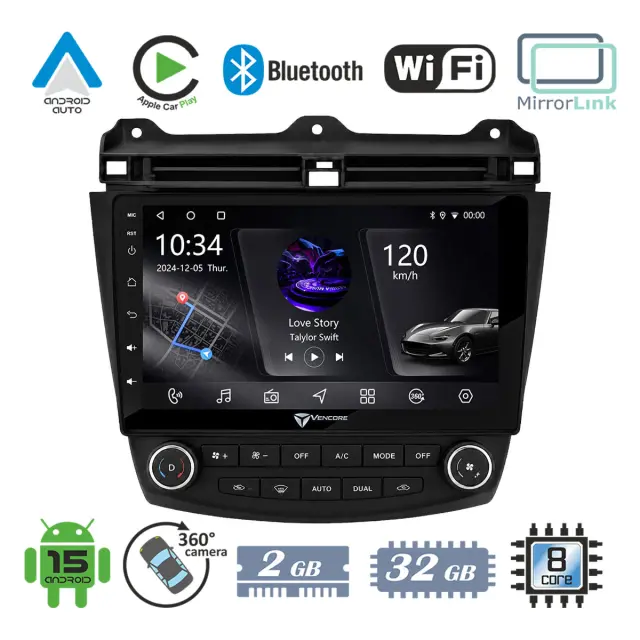 VenCore Οθόνη Multimedia Android 15 10.1" PX5S Octa-Core 2GB/32GB IPS με Πρόσοψη, CarPlay, Android Auto και Υποστήριξη Κάμερας 360° για Honda Accord 2002-2008 – Μαύρη (3236-10006-0669B)
