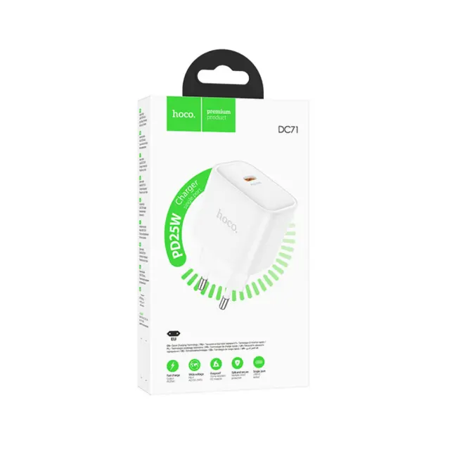 Φορτιστής Ταξιδίου Hoco. DC71 1xUSB-C PD25W QC Λευκός 2
