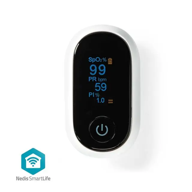 Bluetooth smart παλμικό οξύμετρο με οθόνη OLED, σε λευκό χρώμα.