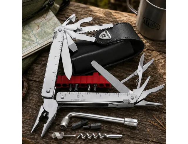 Ελβετικό Πολυεργαλείο Victorinox Swiss Tool X Plus με δερμάτινη θήκη, 37 λειτουργίες και μήκος 11.5cm - Silver 3.0338.L