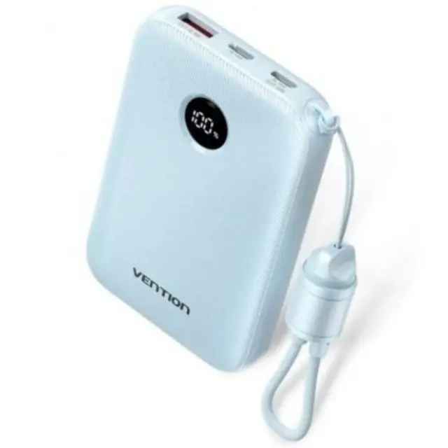 VENTION 10000mAh Power Bank (USB-C + USB-C/USB-C/USB-A) with Built-in USB-C to USB-C Cable 22.5W Blue LED Display Type (FKAL0-C) (VENFKAL0-C)