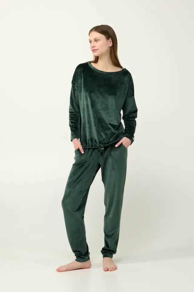 Γυναικεία Μονόχρωμη Φόρμα Βελουτέ Vamp 23084 GREEN TEAL