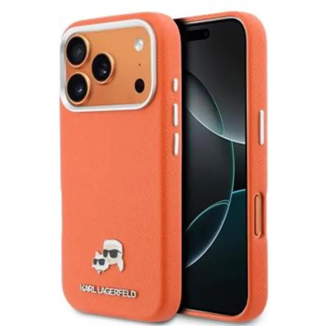 Karl Lagerfeld PU Karl and Choupette Heads Pins MagSafe Case for iPhone 17 Pro Max Orange