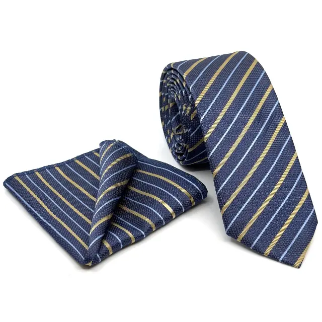 Μπλε Ριγέ Γραβάτα Microfiber Σετ με Μαντήλι Σχέδιο 285/D