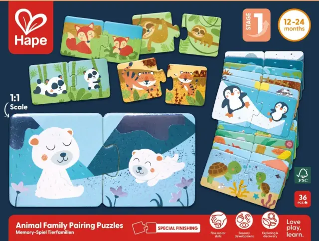 Hape Happy Puzzles Ξύλινο Παζλ Ζωάκια Mum & Baby