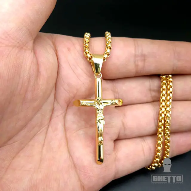 Ghetto Jesus Cross Necklace Stainless Steel Gold 2