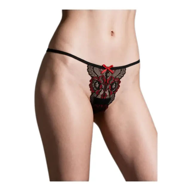 Milena Γυναικείο Micro G-String με Φλοράλ Δαντέλα, Χρώμα Μαύρο-Κόκκινο