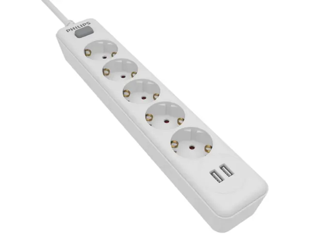 Πολύπριζο Philips SPN3052W/GRS - 5x Schuko - 2x USB-A - Με Διακόπτη On/Off - Παιδική Ασφάλεια - Καλώδιο 1.5m - ΛευκόSPN3052W/GRS