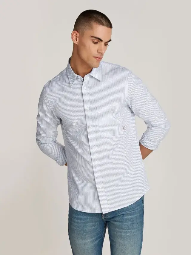Calvin Klein Jeans - Ανδρικό Πουκάμισο Μακρυμάνικo Oxford Regular Fit J30J326182-0FB Λευκό/Ριγέ - S