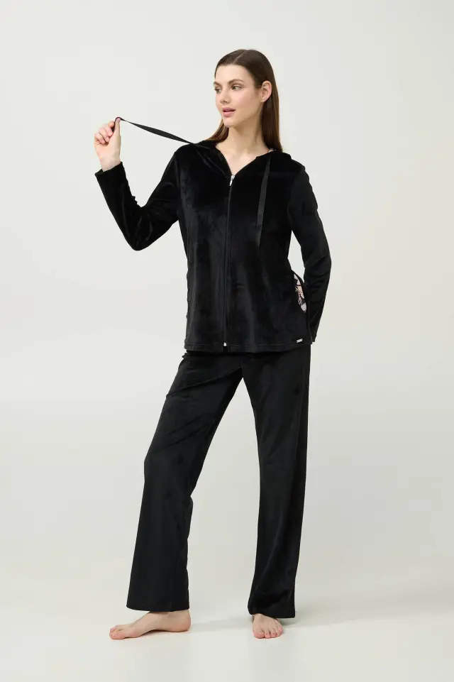 Γυναικείο Velvet Lounge Set με Κουκούλα Vamp 23082 BLACK