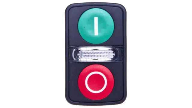 Harmony XB5, Illuminated double-headed push button head,plastic, Ø22, 1 green flush marked I + 1 pilot light + 1 red flush marked O