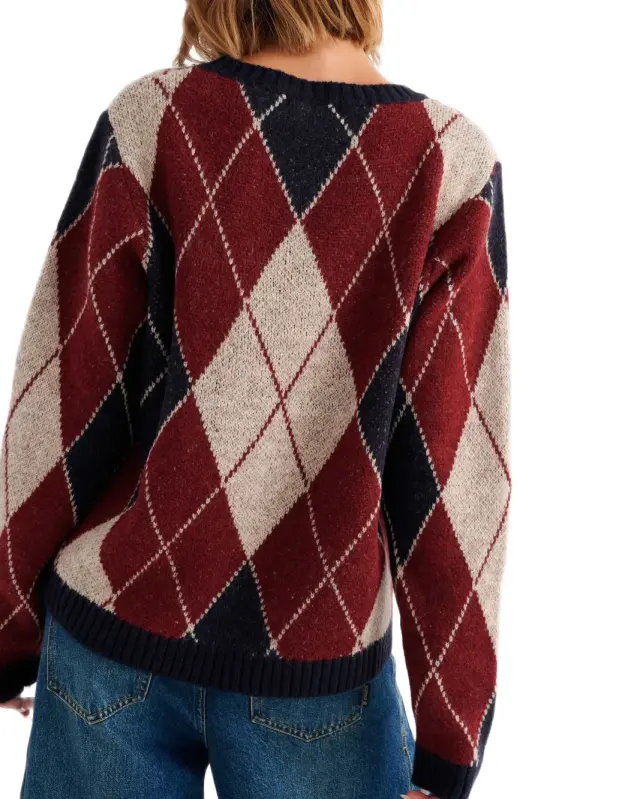 Attrattivo γυναικεία πλεκτή oversized μπλούζα με ρόμβους 9P24002-1 2