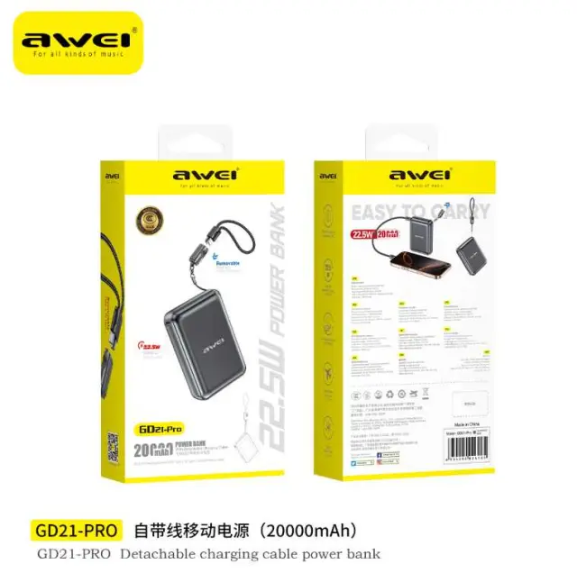 Powerbank με αποσπώμενο καλώδιο Type-C - GD21-Pro - 20.000mah - 22.5W - AWEI - 026185 2
