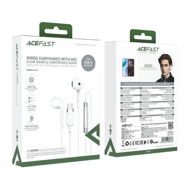 Hands Free Acefast L7 Earphones Stereo USB-C με Μικρόφωνο Braided Λευκό 1.2m. Συμβατά με Όλες τις Συσκευές USB-C. 2