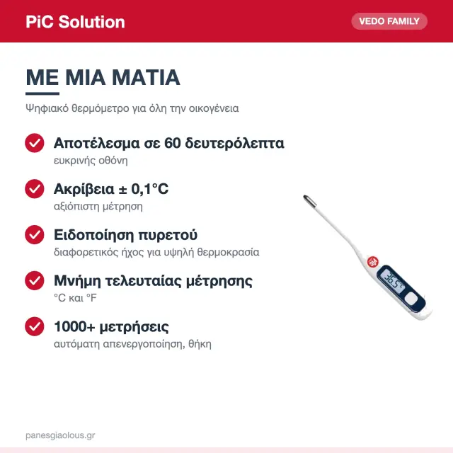 PiC Solution Vedo Family Ψηφιακό Θερμόμετρο Μασχάλης 60″ για Μωρά & Ενήλικες 2