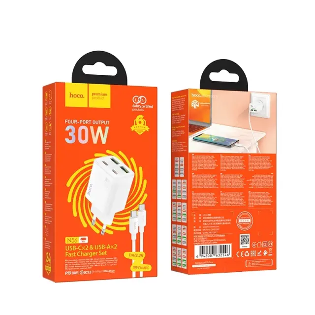 Hoco Φορτιστής με Θύρες USB-C, USB-A και Καλώδιο Type-C 30W Λευκός N56 2
