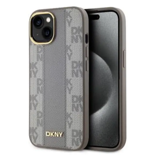DKNY PU Leather Checkered Pattern Magsafe Case for iPhone 15 Beige
