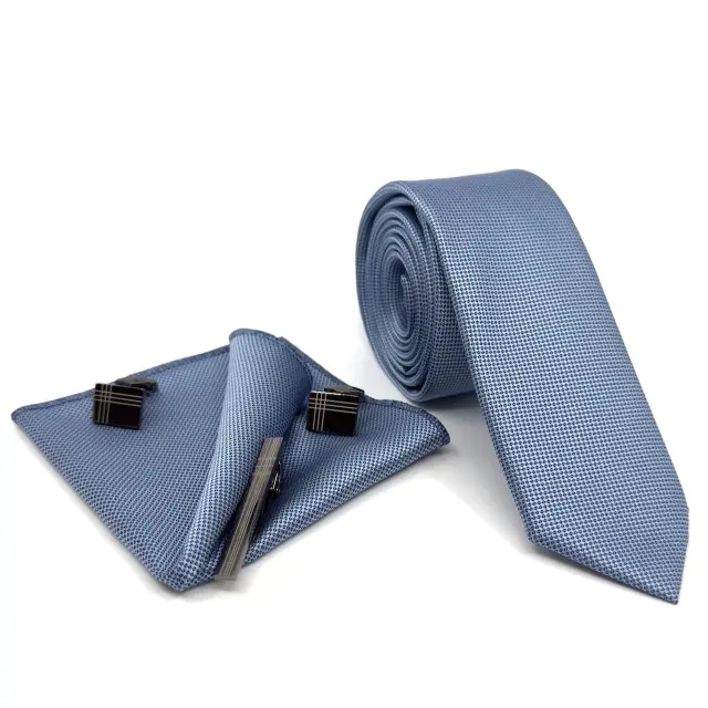 Μπλε Σιέλ Γραβάτα Oxford 6,5 cm με Ασορτί Μαντήλι