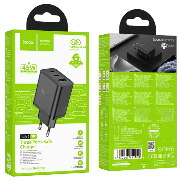 Φορτιστής Ταξιδίου Hoco N50 Scenery GaN Tech PD45W με 2xUSB-C και 1xUSB-A Μαύρος 2