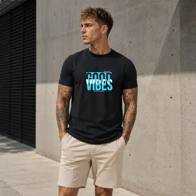 T-shirt Noshame® Μαύρο με τύπωμα Good Vibes - 3026084 - XXL