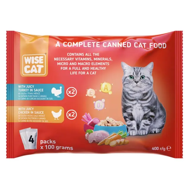 Wise Cat With Juicy Turkey In Sauce & Juicy Chicken In Sauce 4x100gr