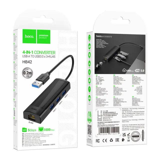 USB Hub Hoco HB42 USB σε 3 x USB 3.0 και RJ45 με Λειτουργία Μεταφοράς Δεδομένων 1000Mbps 0.2m Μαύρο 2