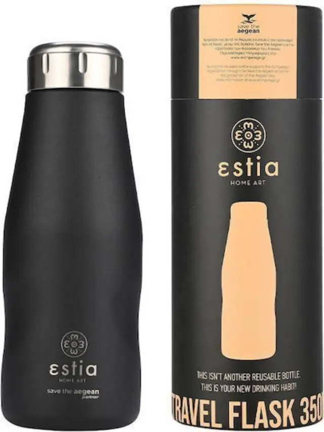 Estia Travel Flask Save the Aegean Ανακυκλώσιμο Μπουκάλι Θερμός Ανοξείδωτο BPA Free 350ml MIDNIGHT BLACK με Καλαμάκι