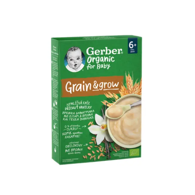 Gerber Organic For Baby Grain & Grow 6m+ Βρεφικά Δημητριακά με Σιτάρι και Βρώμη και Γεύση Βανίλια Χωρίς Ζάχαρη, 200gr