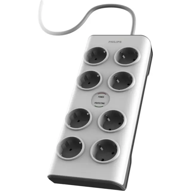 Πολύπριζο Ασφαλείας Philips SPN7080WA/GRS - 8x Schuko - Με Διακόπτη On/Off - Προστασία Υπέρτασης - Καλώδιο 2m - ΛευκόSPN7080WA/GRS