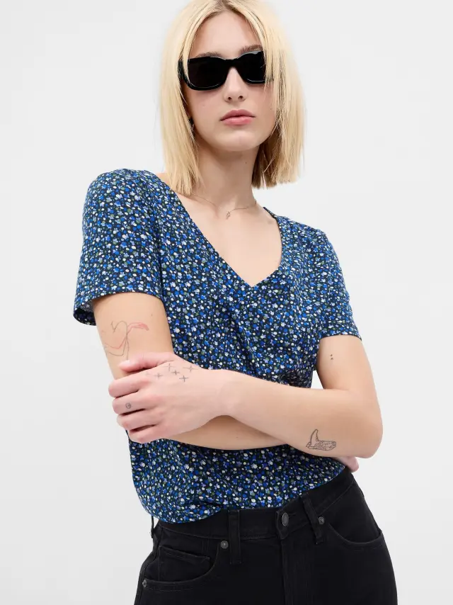 Μπλε Vintage V-Neck Μπλούζα από Οργανικό Βαμβάκι blue mini floral - S