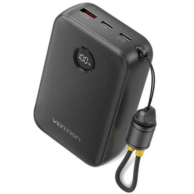 VENTION 20000mAh Power Bank (USB-C + USB-C/USB-C/USB-A) with Built-in USB-C to USB-C Cable 22.5W Black LED Display Universal Type (FKBB0-C-TY) (VENFKBB0-C-TY)