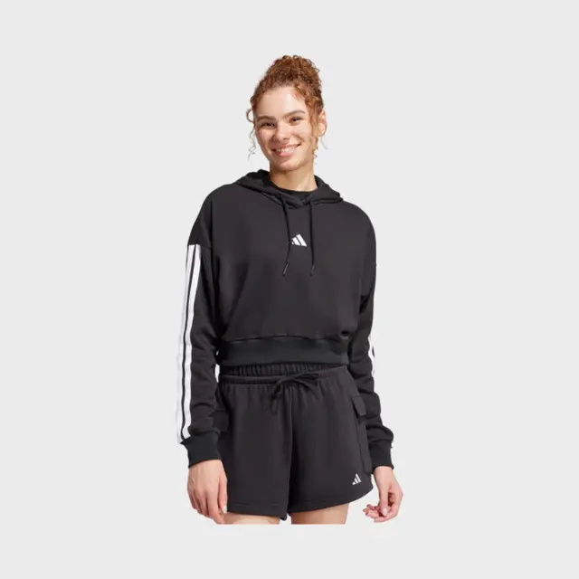 Adidas Essentials 3-Stripes French Terry Γυναικείο Αθλητικό Φούτερ με Κουκούλα Μαύρο (JE0017) - M 3