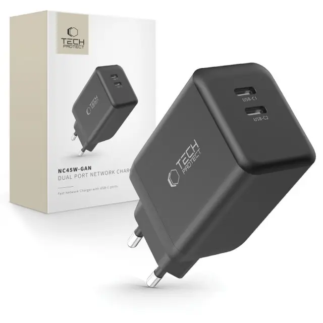 Tech-Protect® Φορτιστής Γρήγορης Φόρτισης με 2xUSB-C 45W-Black