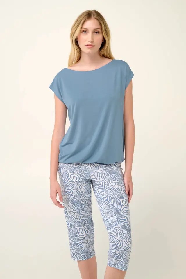 Vamp Γυναικεία Πυτζάμα Micromodal με Φαρδιά Λαιμόκοψη Blue Serene