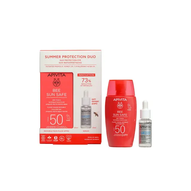 Apivita Promo Summer Protection Duo Bee Sun Safe Dry Touch Λεπτόρευστη Κρέμα Προσώπου κατά των Πανάδων & Ρυτίδων SPF50, 50ml & Δώρο HA5 Honey Repair Serum Ορός Επανόρθωσης, 10ml, 1σετ
