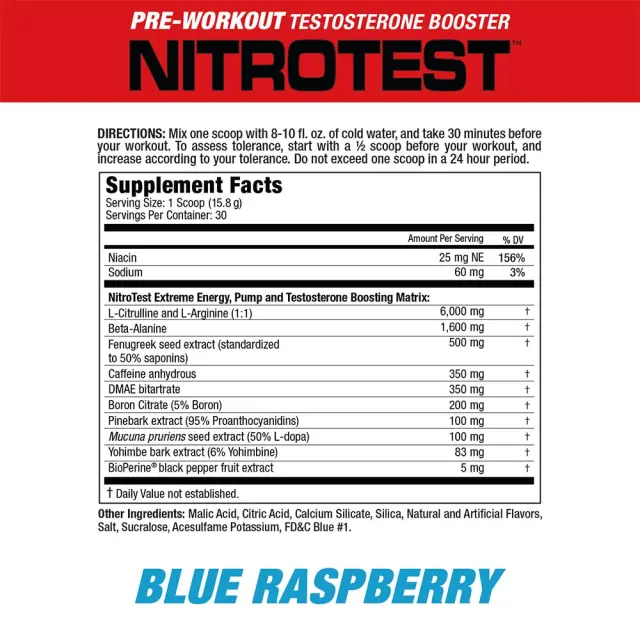 MuscleMeds Nitrotest - 2 in 1 Pre-Workout + Test Booster Blue Raspberry, 30 Servings 2