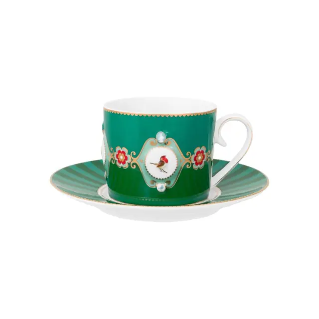 Pip Studio Φλυτζάνι 200ml με Πιατάκι / Cup with Saucer: Love birds Medallion (emerald green) 2