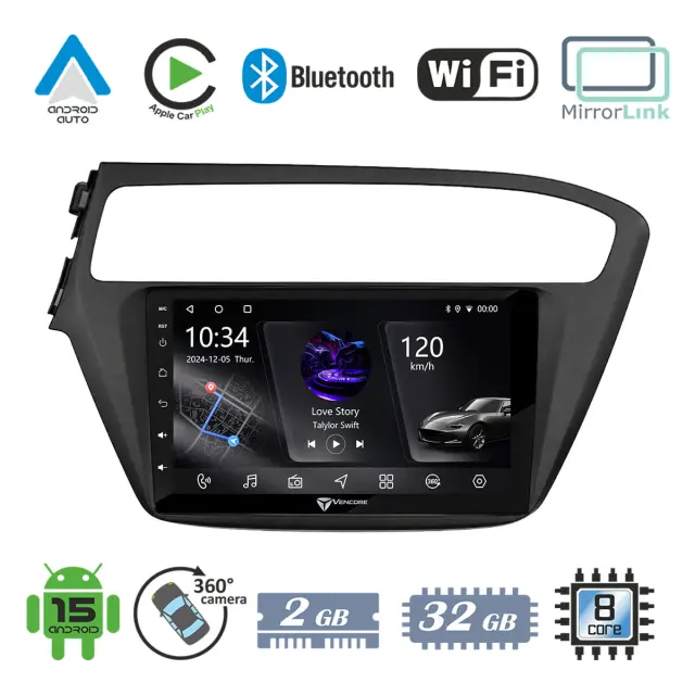 VenCore Οθόνη Multimedia Android 15 9" PX5S Octa-Core 2GB/32GB IPS με Πρόσοψη, CarPlay, Android Auto και Υποστήριξη Κάμερας 360° για Hyundai i20 2018-2020 – Μαύρη (3236-10005-0509B)