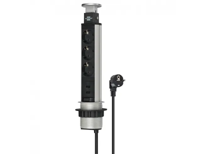Brennenstuhl Tower Power USB-Charger Desktop Extension Lead 3-way with 2-port USB charger 2m H05VV-F 3G1,5, fully retracts into the desk (1396200013) (BNN1396200013)