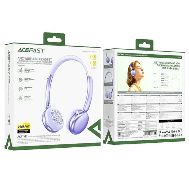 Wireless Ακουστικά Hi-Fi Stereo Acefast H8 500mAh v5.4 30db ANC Μωβ με HD Μικρόφωνο Memory Foam Μαξιλαράκια και Θήκη 2