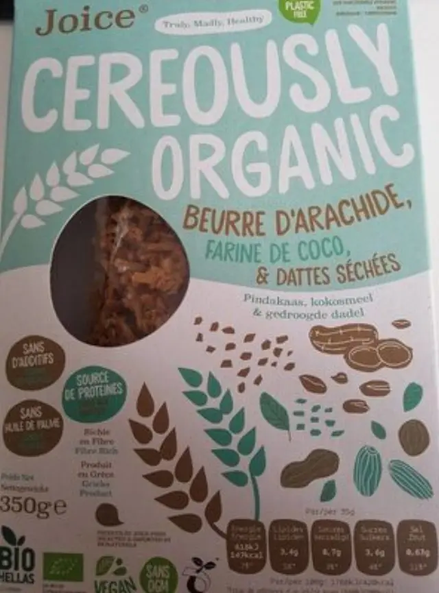 Joice Organic Cereals Δημητριακά Ολικής Άλεσης με Φυστικοβούτυρο, Αλεύρι Καρύδας και Χουρμάδες, Βιολογικά, 350g