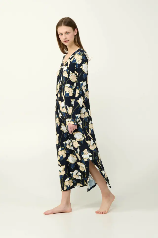 Χειμερινό Φλοραλ Νυχτικό Viscose με Πιέτα Vamp 23115 BLUE