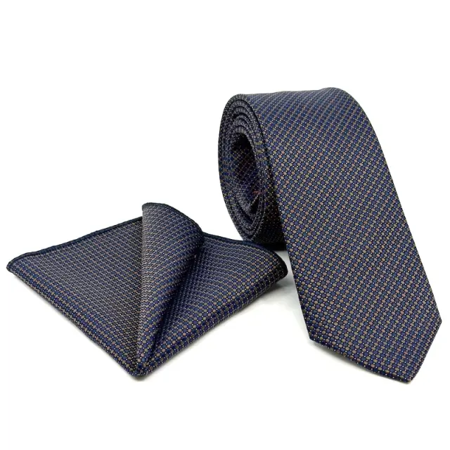 Μπλε Micro Πουά Γραβάτα Σετ με Μαντήλι 7,5 cm Modern Fit