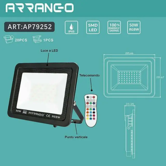 Arrango Στεγανός Προβολέας IP65 Ισχύος 50W RGBW σε Μαύρο χρώμα AP79252 2