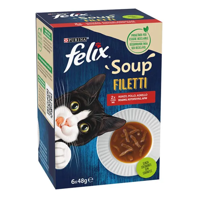 Purina Felix Soup Filleti Υγρή Τροφή για Ενήλικες Γάτες σε Φακελάκι με Αρνί, Βοδινό & Κοτόπουλο 48gr 6τμχ