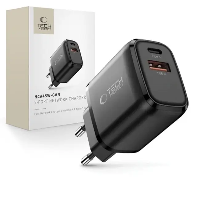 Tech-protect Nca45w-gan 2-port Network Charger Pd 45w / Qc3.0 Black