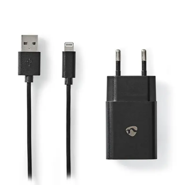 Universal φορτιστής USB 2.4 A, με αποσπώμενο καλώδιο Lightning 8-Pin, σε μαύρο χρώμα.