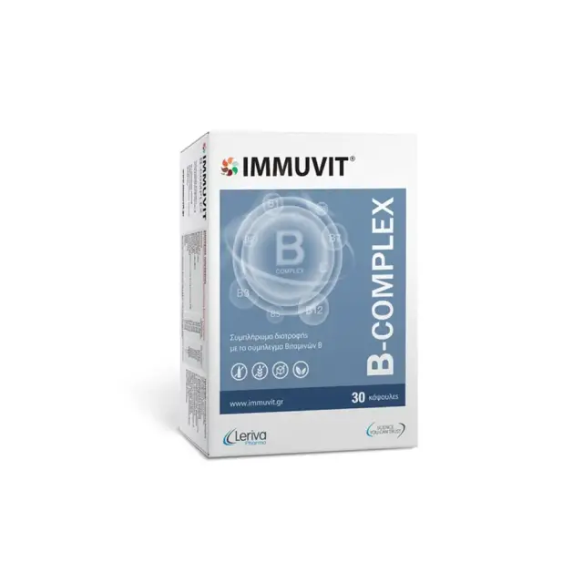 LERIVA Immuvit B-Complex Συμπλήρωμα Διατροφής με Σύμπλεγμα Βιταμινών Β για Καλή Λειτουργία Νευρικού Συστήματος, 30 κάψουλες