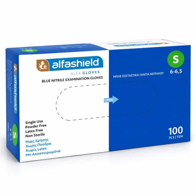 Karabinis Medical Alfashield Alfa Gloves Γάντια Νιτριλίου Χωρίς Πούδρα σε Μπλε Χρώμα 100τμχ SMALL